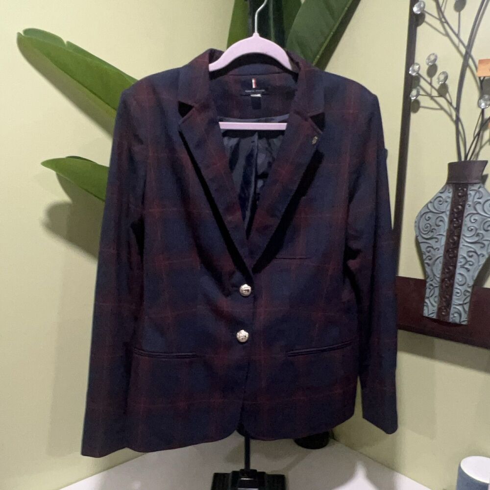 Tommy Hilfiger Plaid Blazer Jacket Women's Size 14 Navy Burgundy Elbow Patch Y2K